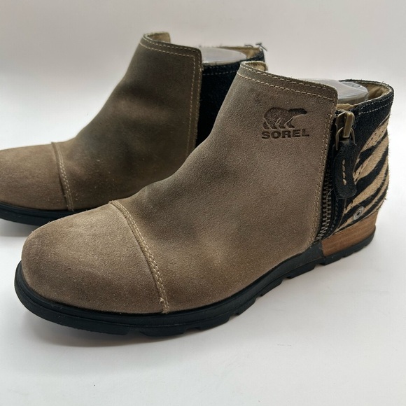 Sorel Major Low Ankle Boots Booties Shoes Womens SZ 7.5 Beige Suede Fur Leather - Picture 3 of 11